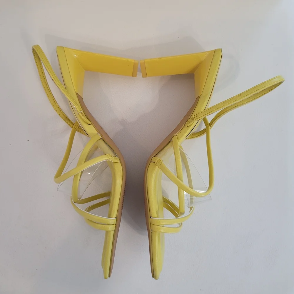 Aldo Yellow Strappy Square Toe Triangle Heels Womens Size US7 / EUR 37.5
